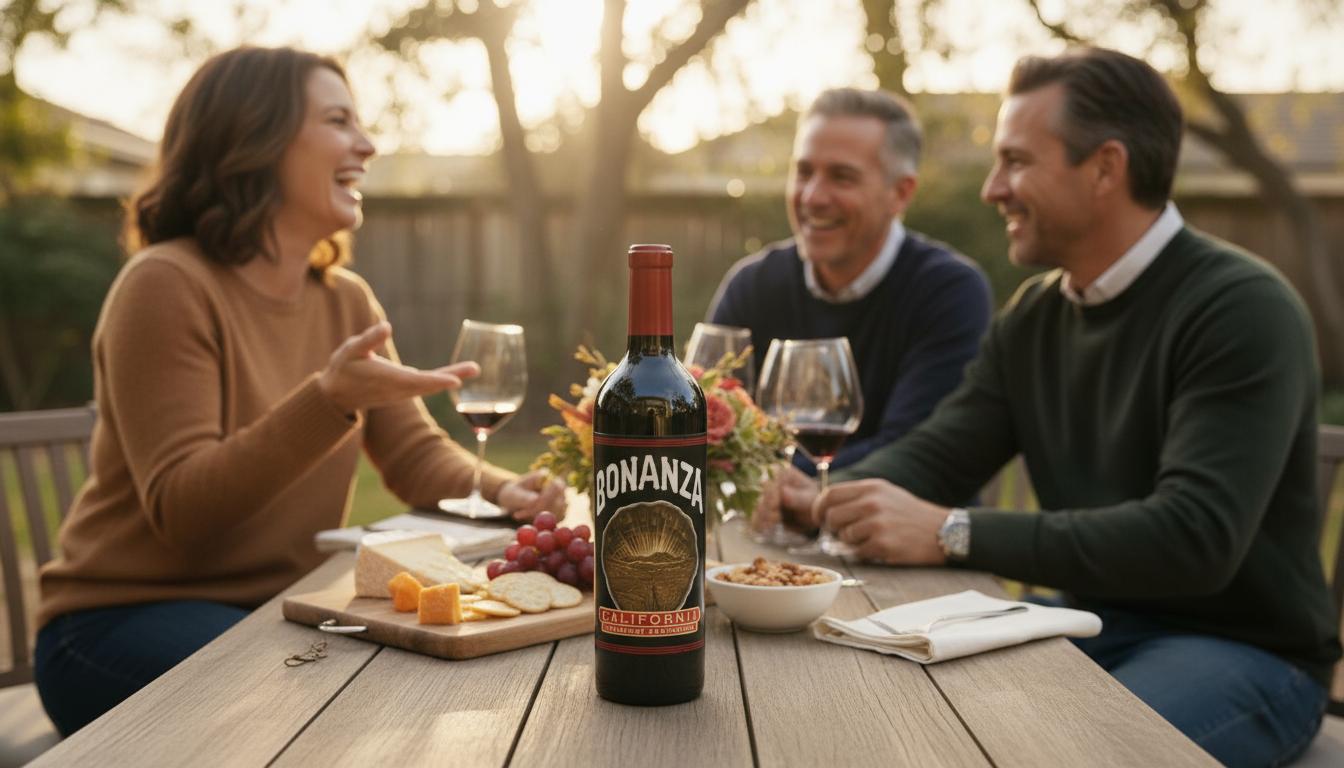 Botella de vino Bonanza en primer plano sobre mesa de reunión casual con amigos compartiendo aperitivos al fondo.